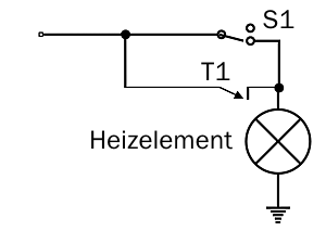 Verkabelungsschema: Zusätzlich von der Verbindung, die von der Stromzuleitung über den Thermostatschalter zum Heizelement führt, wird von der Stromzufuhr ein weiteres Kabel direkt zum Heizelement geführt und durch einen für ausreichende Stromstärken bemessenen Schalter unterbrochen