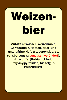 Weizenbier, Zutaten: Wasser, Weizenmalz, Gerstenmalz, Hopfen, ober- und untergärige Hefe (sc. cerevisiae, sc. carlsbergensis; genetisch verändert), Hilfsstoffe  (Kalziumchlorid, Polyvinylpyrrolidon, Kieselgur). Pasteurisiert.